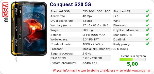 Dane telefonu Conquest S20 5G