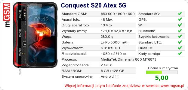 Dane telefonu Conquest S20 Atex 5G Dane telefonu Conquest S20 Atex 5G