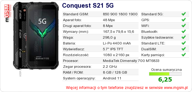 Dane telefonu Conquest S21 5G Dane telefonu Conquest S21 5G