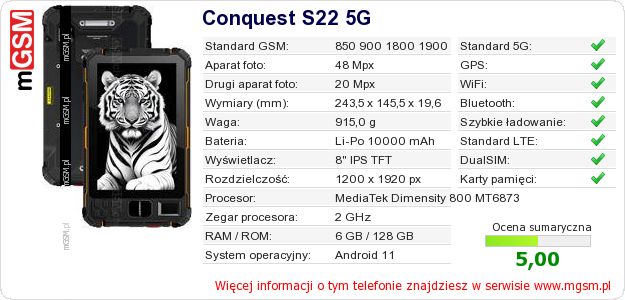 Dane telefonu Conquest S22 5G