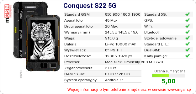 Dane telefonu Conquest S22 5G
