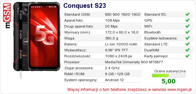 Dane telefonu Conquest S23 Dane telefonu Conquest S23