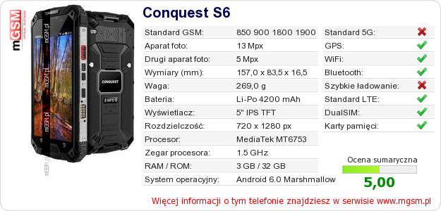 Dane telefonu Conquest S6
