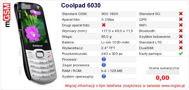 Dane telefonu Coolpad 6030 Dane telefonu Coolpad 6030