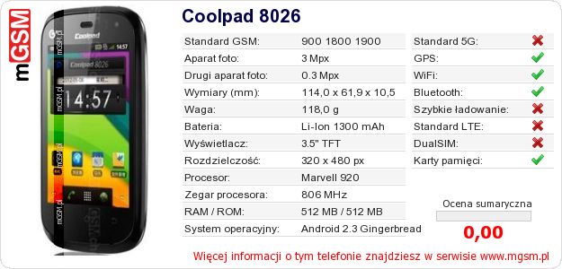 Dane telefonu Coolpad 8026 Dane telefonu Coolpad 8026
