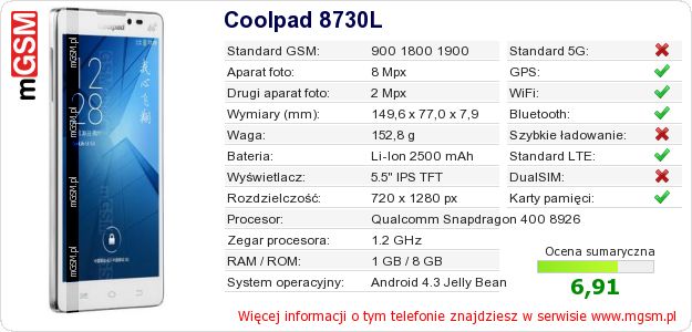 Dane telefonu Coolpad 8730L