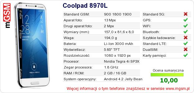 Dane telefonu Coolpad 8970L