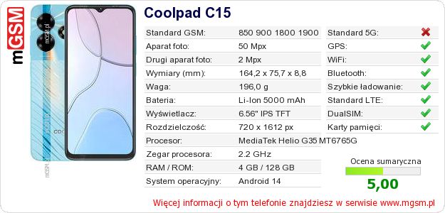 Dane telefonu Coolpad C15