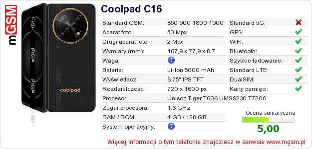 Dane telefonu Coolpad C16 Dane telefonu Coolpad C16