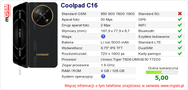 Dane telefonu Coolpad C16