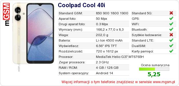 Dane telefonu Coolpad Cool 40i Dane telefonu Coolpad Cool 40i