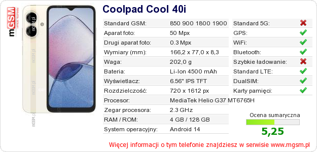 Dane telefonu Coolpad Cool 40i