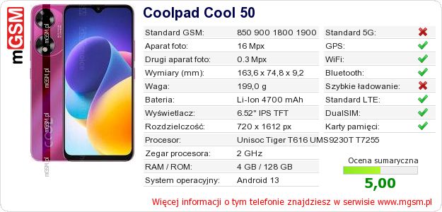 Dane telefonu Coolpad Cool 50 Dane telefonu Coolpad Cool 50
