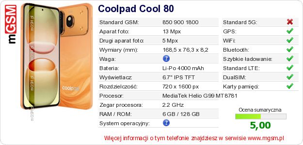 Dane telefonu Coolpad Cool 80 Dane telefonu Coolpad Cool 80