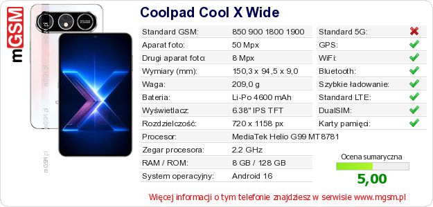 Dane telefonu Coolpad Cool X Wide