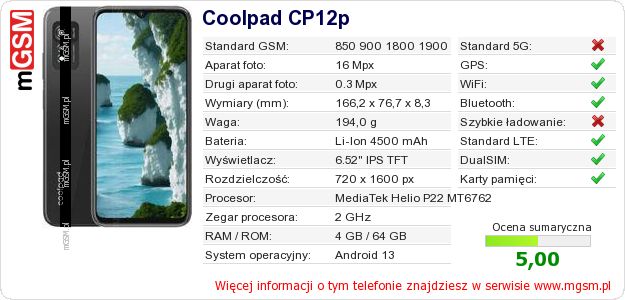 Dane telefonu Coolpad CP12p Dane telefonu Coolpad CP12p