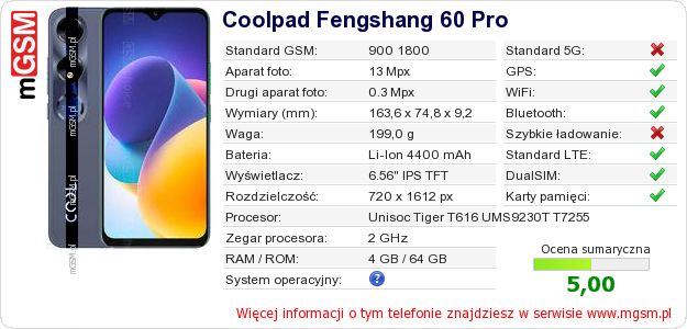 Dane telefonu Coolpad Fengshang 60 Pro Dane telefonu Coolpad Fengshang 60 Pro