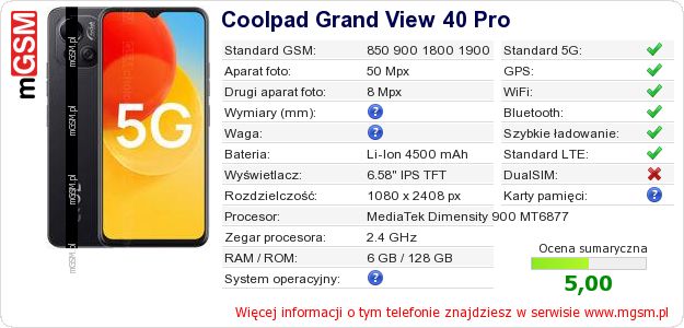 Dane telefonu Coolpad Grand View 40 Pro Dane telefonu Coolpad Grand View 40 Pro