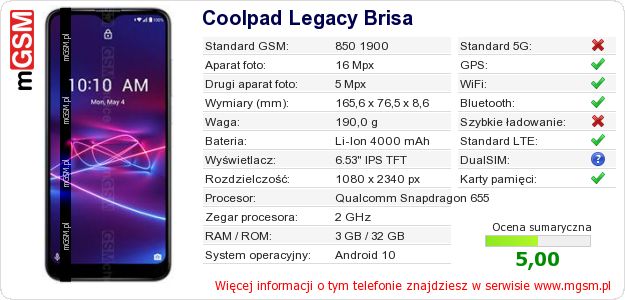 Dane telefonu Coolpad Legacy Brisa Dane telefonu Coolpad Legacy Brisa