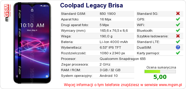 Dane telefonu Coolpad Legacy Brisa