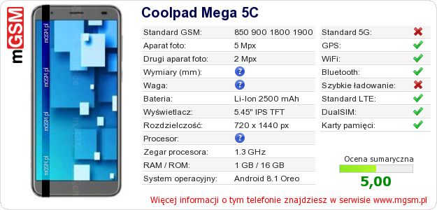 Dane telefonu Coolpad Mega 5C Dane telefonu Coolpad Mega 5C