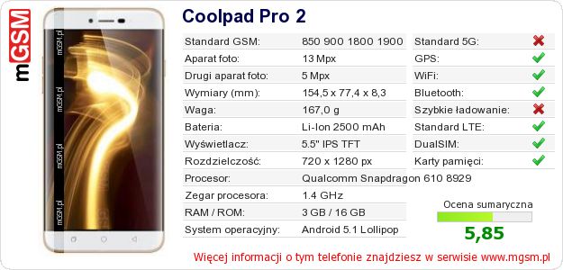Dane telefonu Coolpad Pro 2 Dane telefonu Coolpad Pro 2