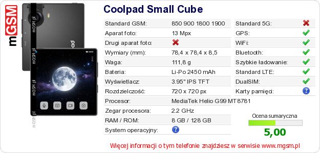 Dane telefonu Coolpad Small Cube Dane telefonu Coolpad Small Cube