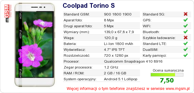 Dane telefonu Coolpad Torino S
