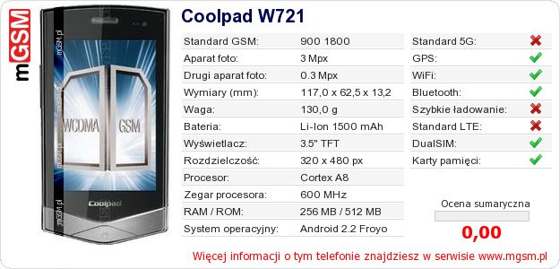 Dane telefonu Coolpad W721 Dane telefonu Coolpad W721