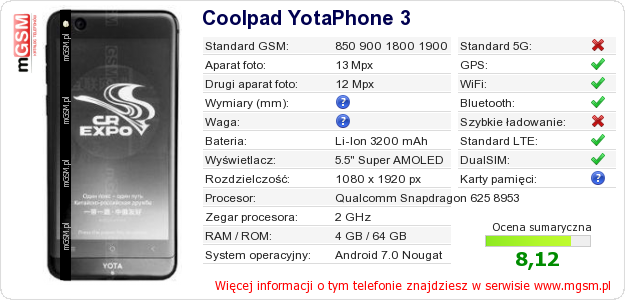 Dane telefonu Coolpad YotaPhone 3 Dane telefonu Coolpad YotaPhone 3