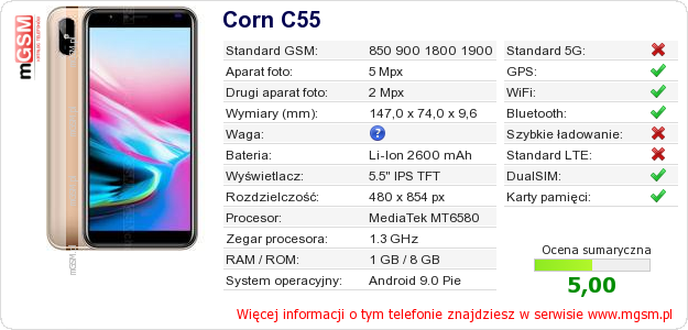 Dane telefonu Corn C55