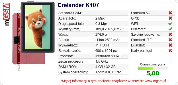 Dane telefonu Crelander K107 Dane telefonu Crelander K107
