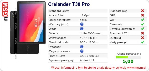 Dane telefonu Crelander T30 Pro
