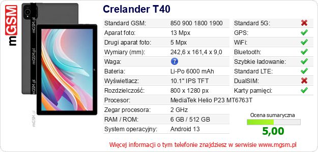 Dane telefonu Crelander T40