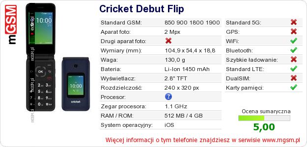 Dane telefonu Cricket Debut Flip