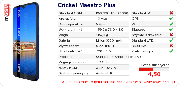 Dane telefonu Cricket Maestro Plus