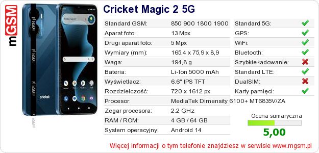 Dane telefonu Cricket Magic 2 5G Dane telefonu Cricket Magic 2 5G