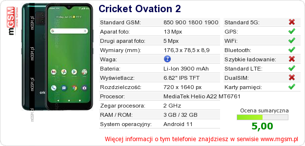 Dane telefonu Cricket Ovation 2