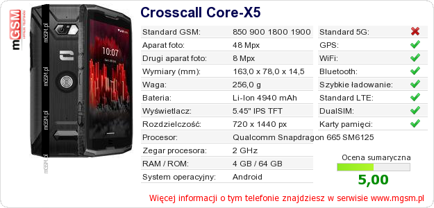 Dane telefonu Crosscall Core-X5
