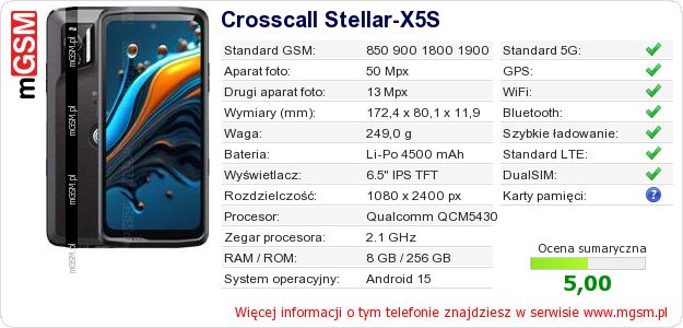 Dane telefonu Crosscall Stellar-X5S
