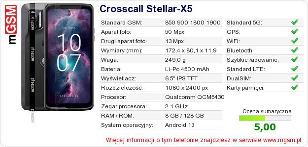 Dane telefonu Crosscall Stellar-X5 Dane telefonu Crosscall Stellar-X5