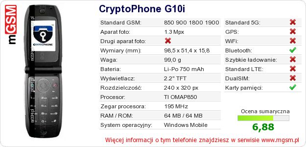 Dane telefonu CryptoPhone G10i