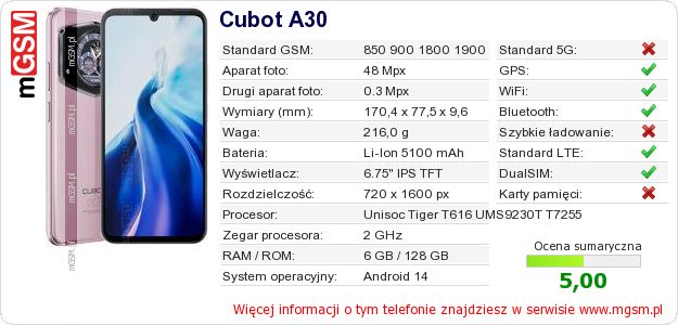 Dane telefonu Cubot A30