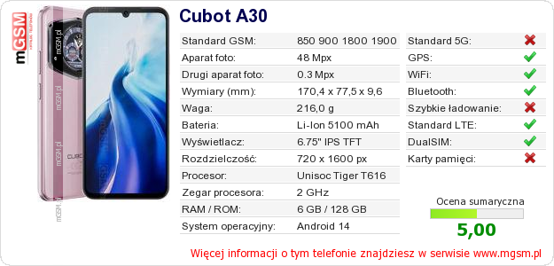 Dane telefonu Cubot A30