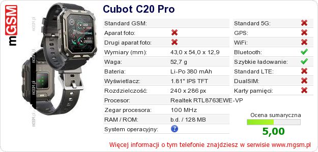 Dane telefonu Cubot C20 Pro