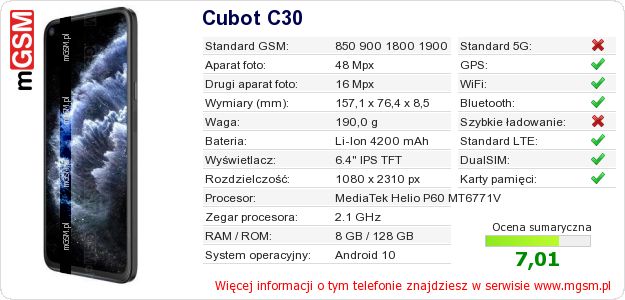 Dane telefonu Cubot C30 Dane telefonu Cubot C30