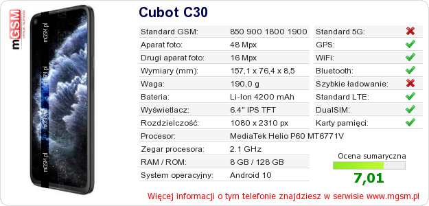 Dane telefonu Cubot C30