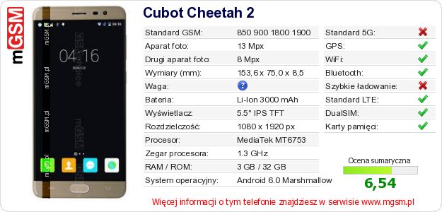 Dane telefonu Cubot Cheetah 2 Dane telefonu Cubot Cheetah 2