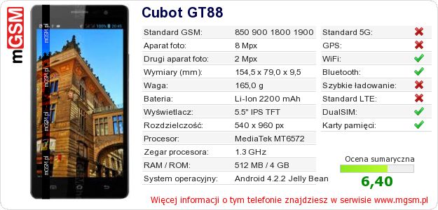 Dane telefonu Cubot GT88 Dane telefonu Cubot GT88