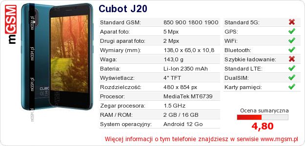 Dane telefonu Cubot J20 Dane telefonu Cubot J20